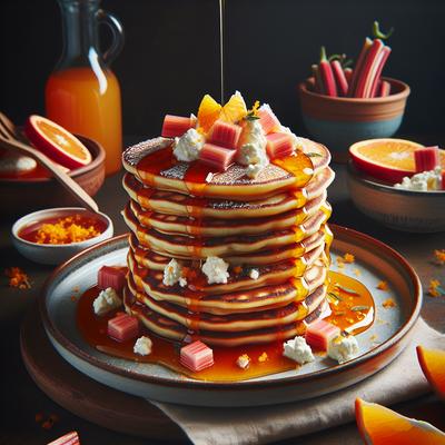 Image of Spicy Orange Ricotta Pancakes Drizzled with Rhubarb Syrup