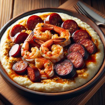 Image of Spicy Shrimp and Andouille Sausage Over Grits