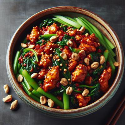 Image of Spicy Stir Fried Chicken with Greens and Peanuts