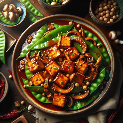 Image of Spicy Stir Fry Tofu with Peanut Sauce W Snow Peas and Mushrooms