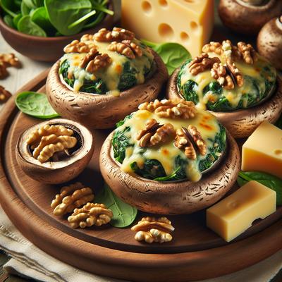 Image of Spinach and Walnut Stuffed Mushrooms with Three Cheeses