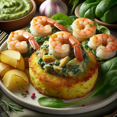 Image of Spinach Artichoke Potato Cakes with Shrimp Scampi
