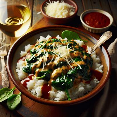 Image of Spinach Asiago Cheese Wine Sauce Over Rice