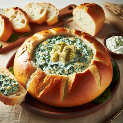 Image of Spinach Dip Served in Cobb Bread