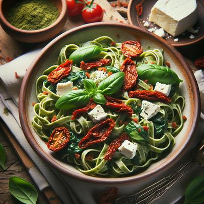 Image of Spinach Fettuccine with Sun Dried Tomatoes Goat Cheese