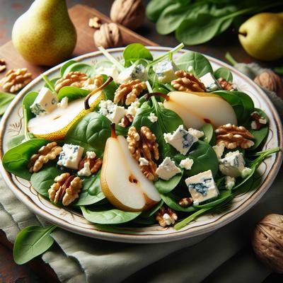 Image of Spinach Pear Salad with Gorgonzola Walnuts and Pear Vinaigrette