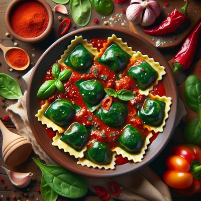 Image of Spinach Ravioli with Roasted Red Pepper Sauce