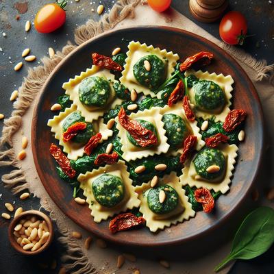 Image of Spinach Ravioli with Sun Dried Tomatoes and Pine Nut Salsa