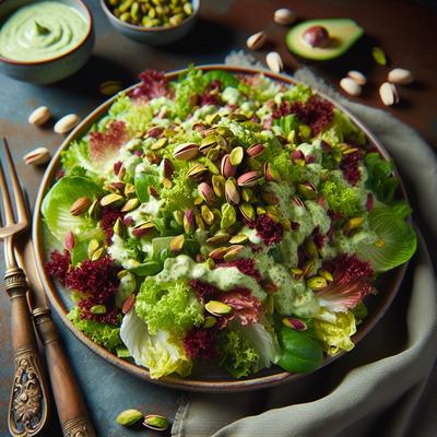 Image of Spring Lettuces with Avocado Dressing and Pistachios