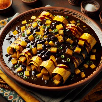 Image of Squash Enchiladas Covered in Black Bean Sauce