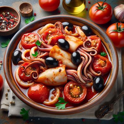 Image of Squid Stewed with Tomatoes White Wine and Black Olives