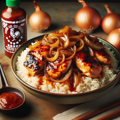 Image of Sriracha Glazed Chicken and Onions Over Long Grain Rice