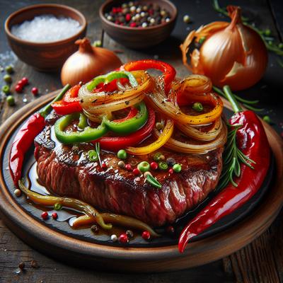 Image of Steak Topped with Peppers and Onions