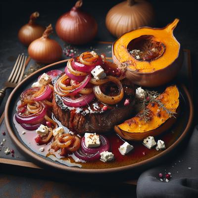 Image of Steak with Caramelised Red Onion Feta and Roasted Pumpkin