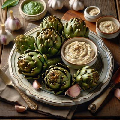 Image of Steamed Artichokes and Roasted Garlic Dipping Sauce