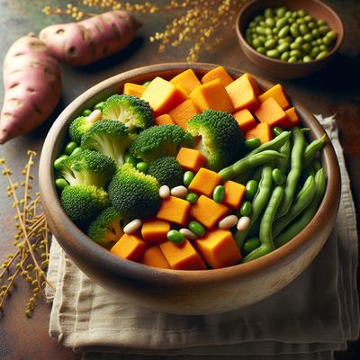 Image of Steamed Sweet Potato Broccoli and Bean Salad