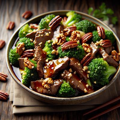 Image of Stir Fried Beef Broccoli and Pecans in Garlic Sauce