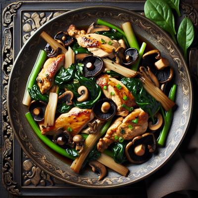 Image of Stir Fried Chicken Black Mushrooms Bamboo Shoots and Spinach