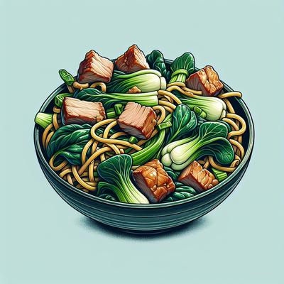 Image of Stir Fried Pork with Bok Choy and Noodles
