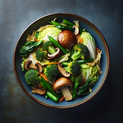 Image of Stir Fried Vegetables Cabbage Chinese Mushrooms and Broccoli