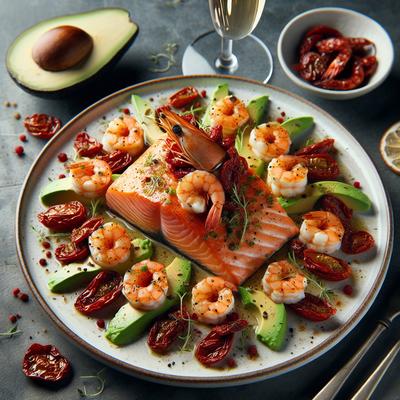 Image of Sun Dried Tomato Avocado and Prawn Topped Salmon with a Champag