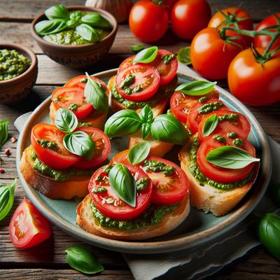 Image of Super Easy Appetizer Tomato and Pesto Crostini