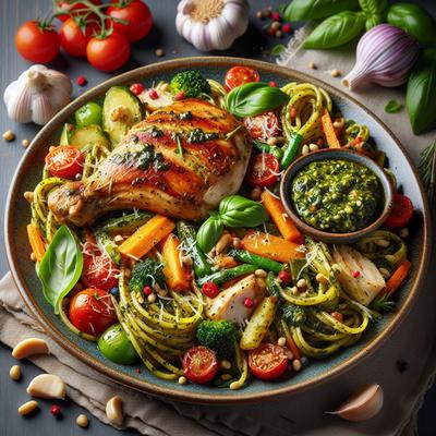 Image of Super Vegetable Pesto Pasta with Pan Seared Oven Roasted Chicken