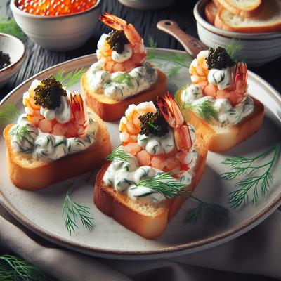 Image of Swedish Creamy Dill Prawn Toasts with Caviar Skagenrora