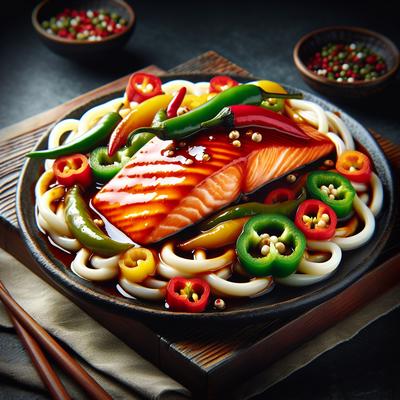 Image of Sweet Chili Salmon with Three Peppers and Udon Noodles