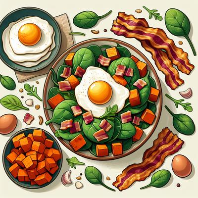 Image of Sweet Potato Bacon Spinach Salad W Fried Eggs