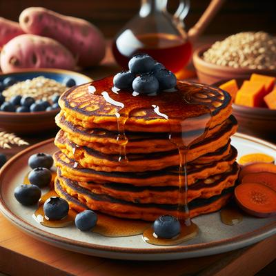 Image of Sweet Potato Rye Pancakes with Blueberry Honey Sauce