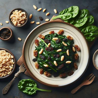 Image of Swiss Chard or Spinach with Pine Nuts and Raisins Ww