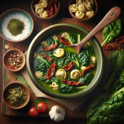 Image of Swiss Chard Soup with Tortellini and Sun Dried Tomatoes