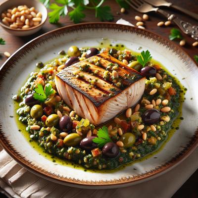 Image of Swordfish with Olive Pine Nut and Parsley Relish