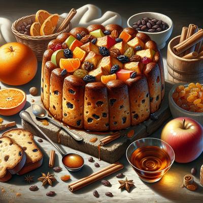 Image of Traditional Fruity and Spiced Bread Pudding with Brandy