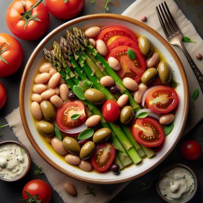 Image of Warm Entree Salad of Tomato Asparagus Olives and Cannellini