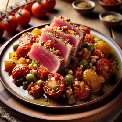 Image of Za Atar Crusted Tuna with Cured Tomatoes and Merguez Vinaigrette