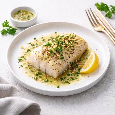 Image of 10 Minute Baked Halibut with Garlic Butter Sauce