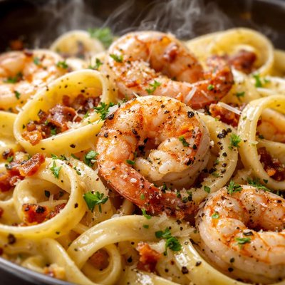 Image of 15 Minute Shrimp Carbonara Fettuccine