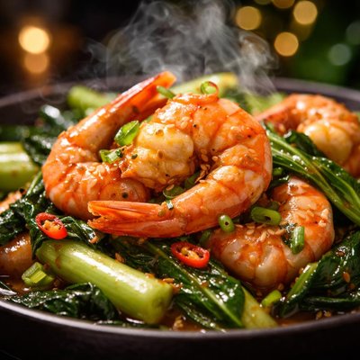 Image of 15 Minute Tiger Prawns with Chinese Greens