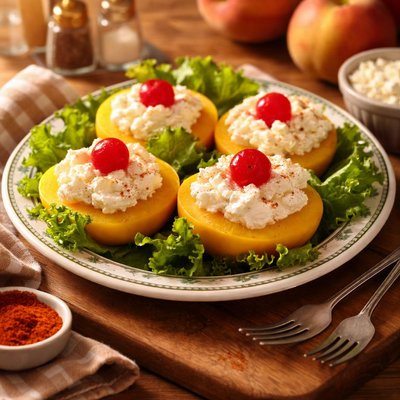 Image of 1950s Picture Salad Peach and Cottage Cheese