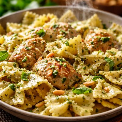 Image of 20 Minute Creamy Pesto Chicken and Bow Ties