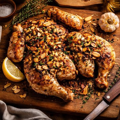 Image of 30 Minute Garlic Almond Chicken Under a Brick