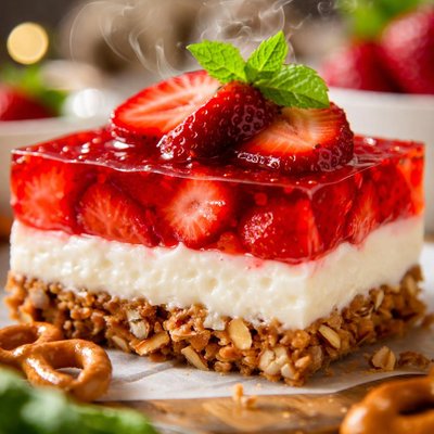 Image of 3 Layer Strawberry Jello with Pretzels