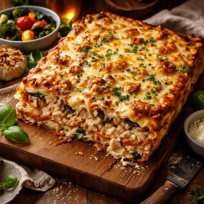 Image of 5 Cheese Crab Lasagna with Roasted Garlic and Vegetables