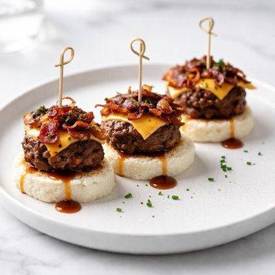 Image of A1b Bacon Burger Bites on White Polenta Cakes A1