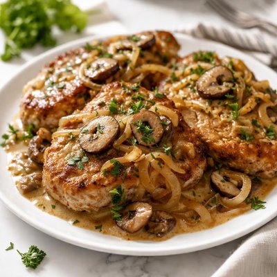 Image of A Healthier Smothered Pork Chops Mushrooms and Onions