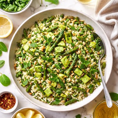Image of A Pilaf of Asparagus Broad Beans and Mint