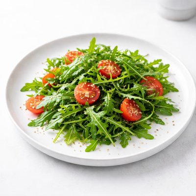 Image of A Salad of Arugula Rocket Cherry Tomatoes and Sesame Seed