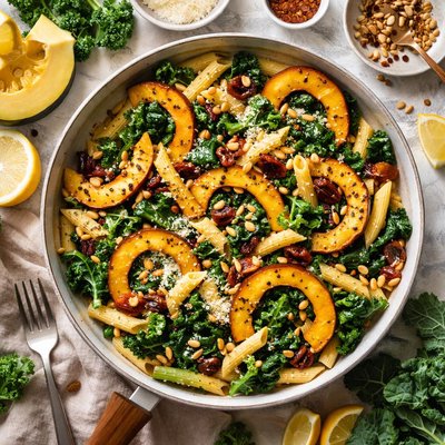 Image of Acorn Squash and Kale Over Penne